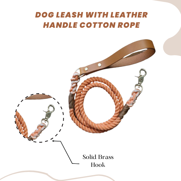 Dog Leash with Leather Handle Cotton Rope